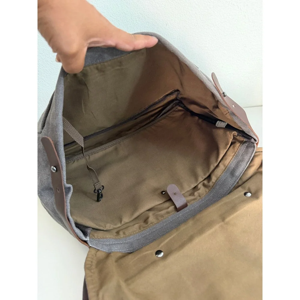 Canvas Messenger Bag Laptop Crossbody Charcoal Gray Brown Trim Work Travel Bag